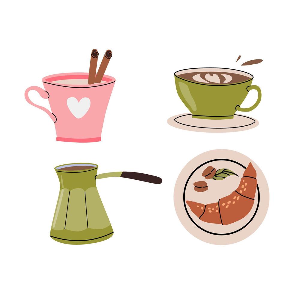Cozy coffee set with latte art and breakfast pastries illustration vector