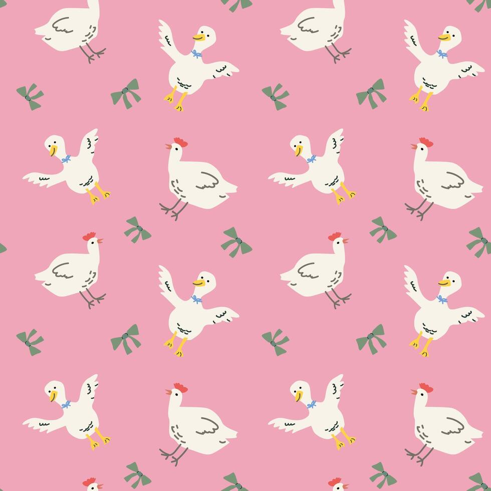 Chickens and bows pattern on pink background vector