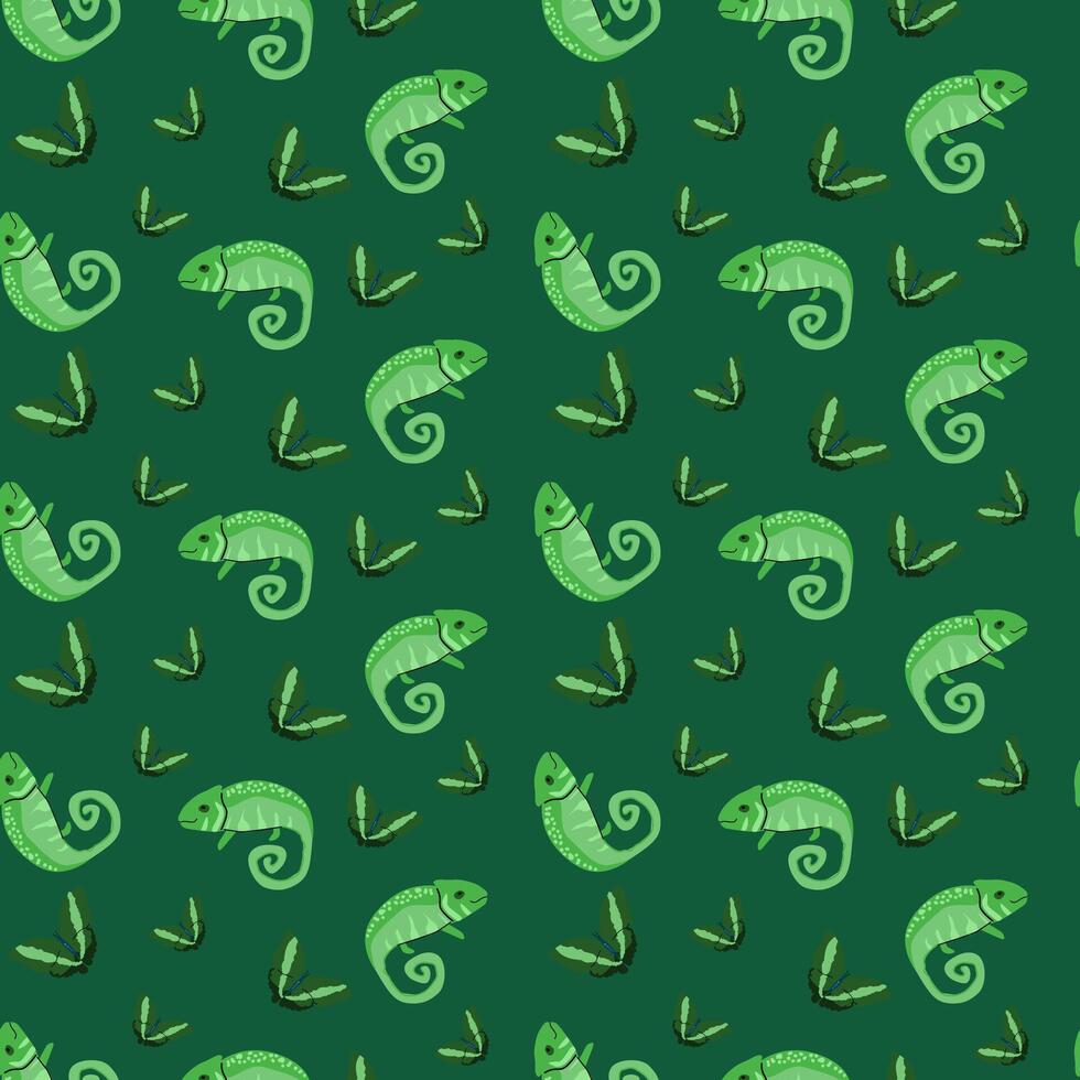 Tropical animal pattern with chameleons and insects in green tones vector