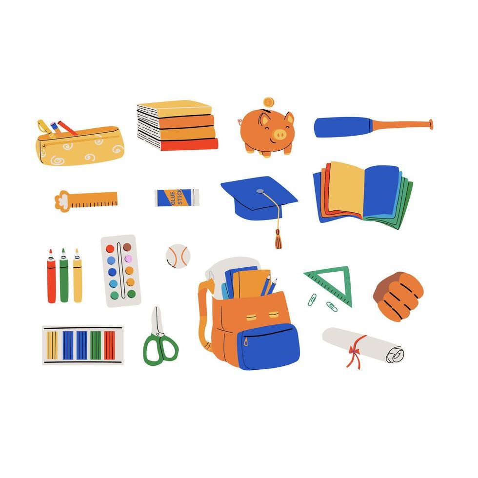 Colorful school supplies and a backpack vector