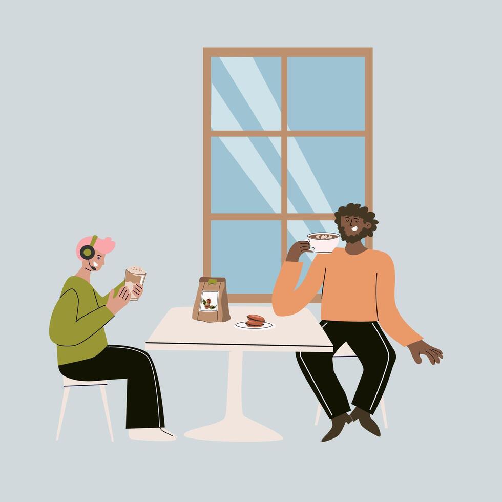 Cozy coffee shop gathering with friends by window vector