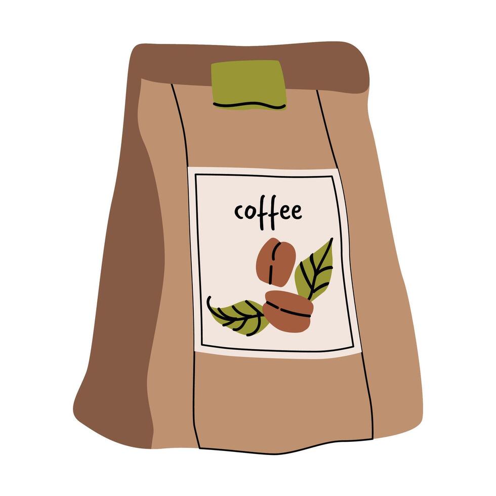 Coffee packaging design featuring brown bag with artistic coffee beans and green leaves vector