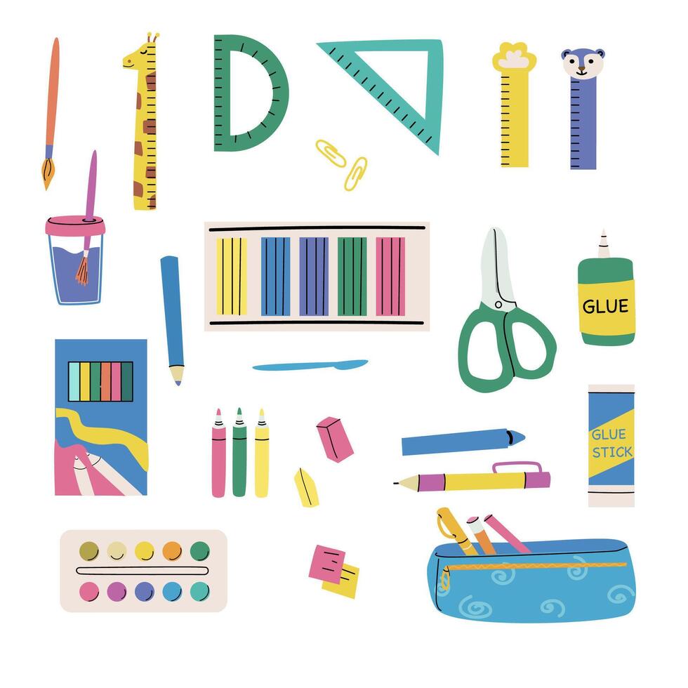 Colorful school supplies set for classroom organization and creativity vector