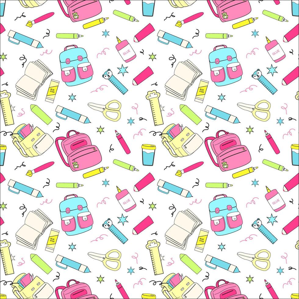 Bright school supplies pattern for back to school design and decoration vector