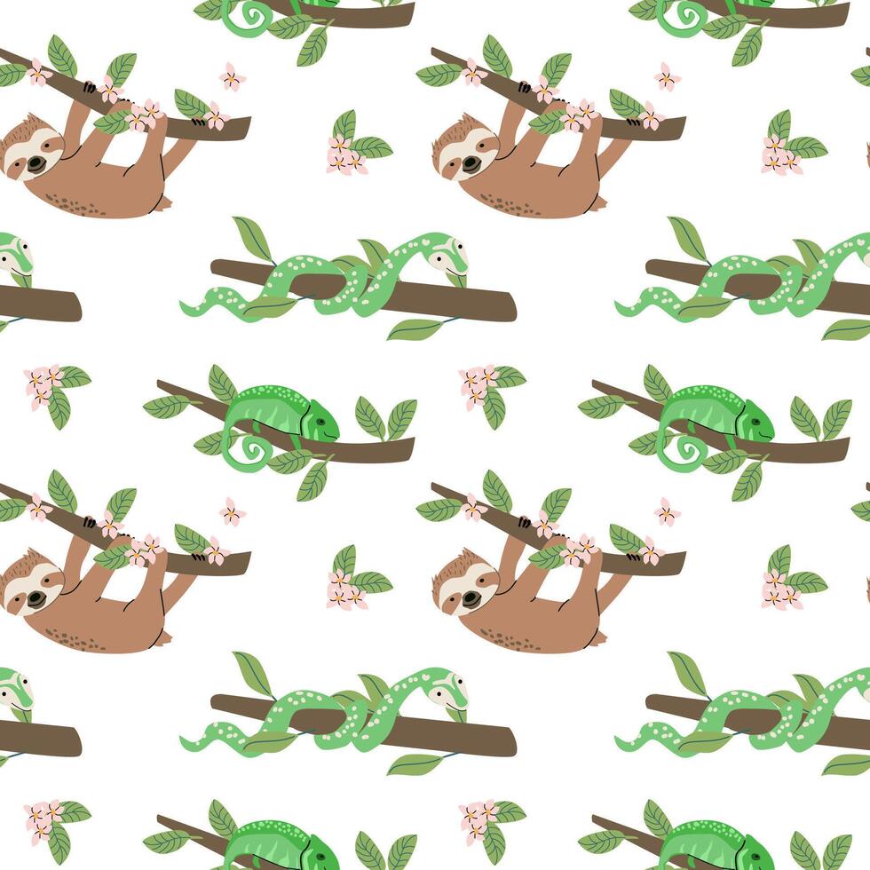 Cute sloths and chameleons pattern vector