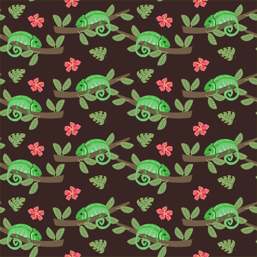 Chameleons on branches with flowers vector