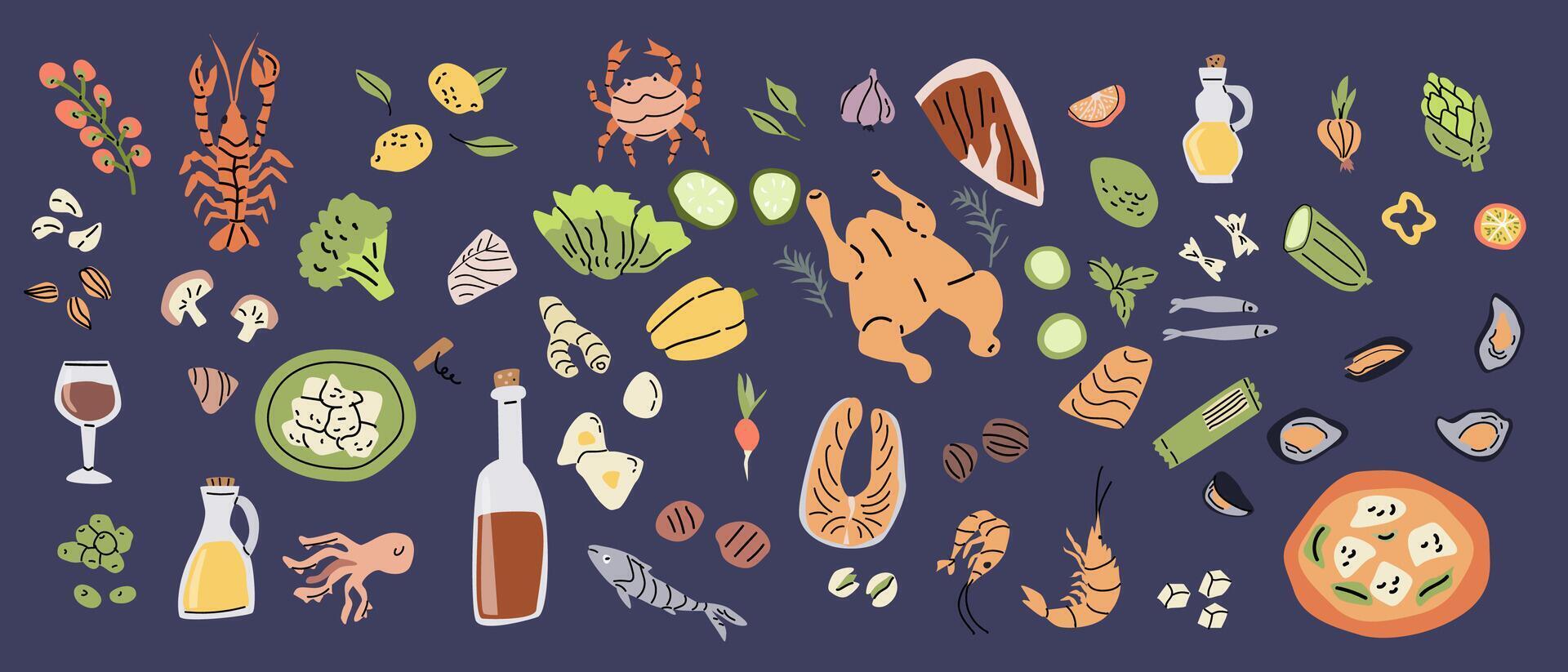 Mediterranean cuisine elements for culinary design and food-themed projects vector