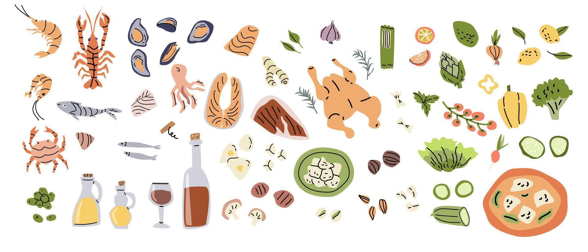 Seafood and ingredients illustration for cooking vector