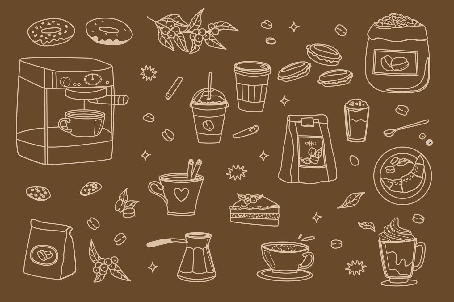 Coffee delight collection with cups, beans, and treats for cafe decor or menu design vector