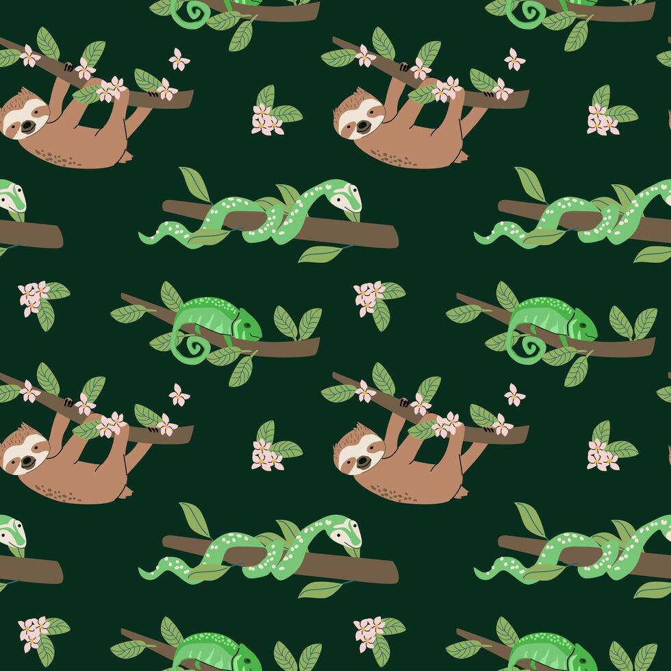 Tropical animals pattern with sloths and chameleons for fabric design or wallpaper vector