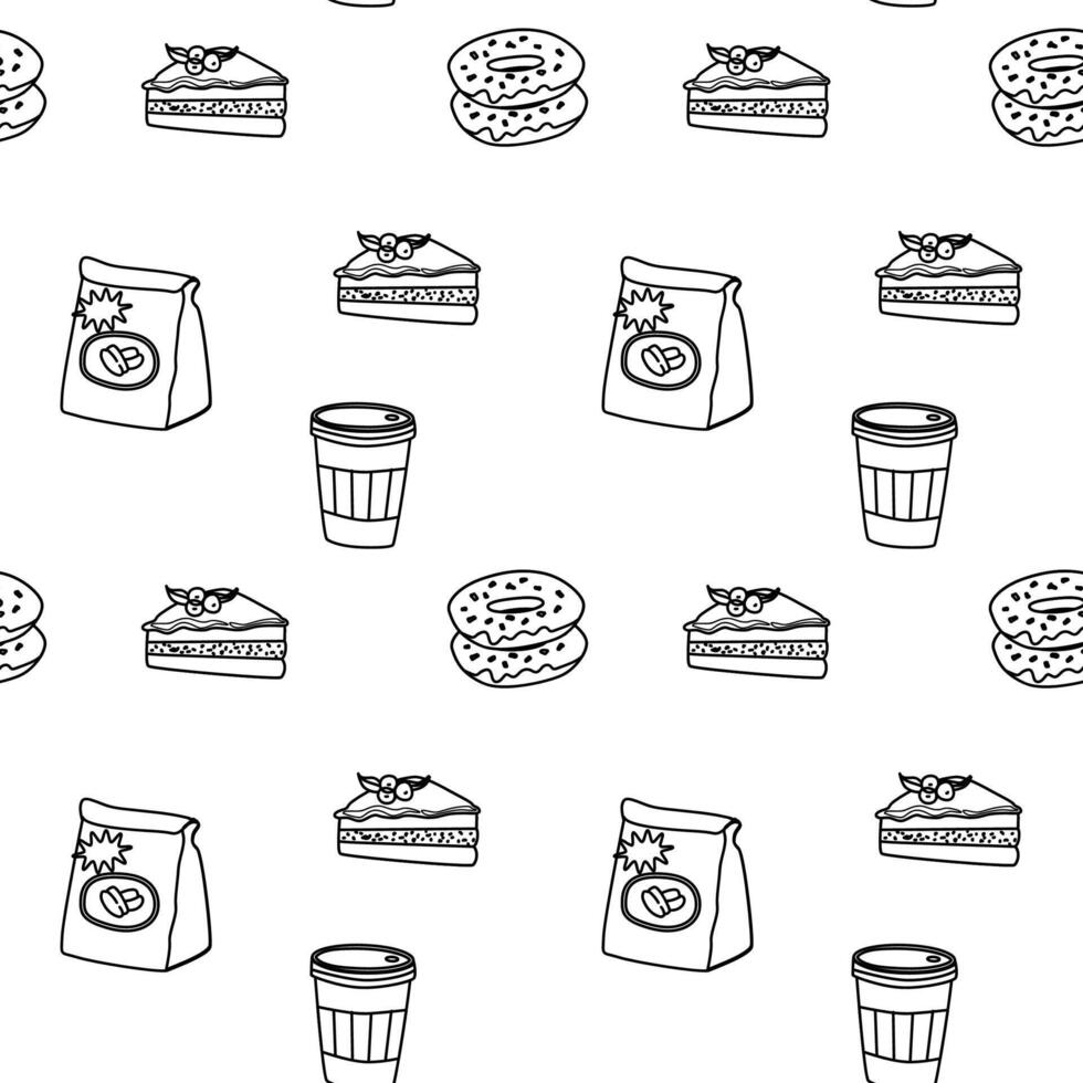 Coffee break pattern with cups, pastries, and sandwiches for cafeteria decor vector