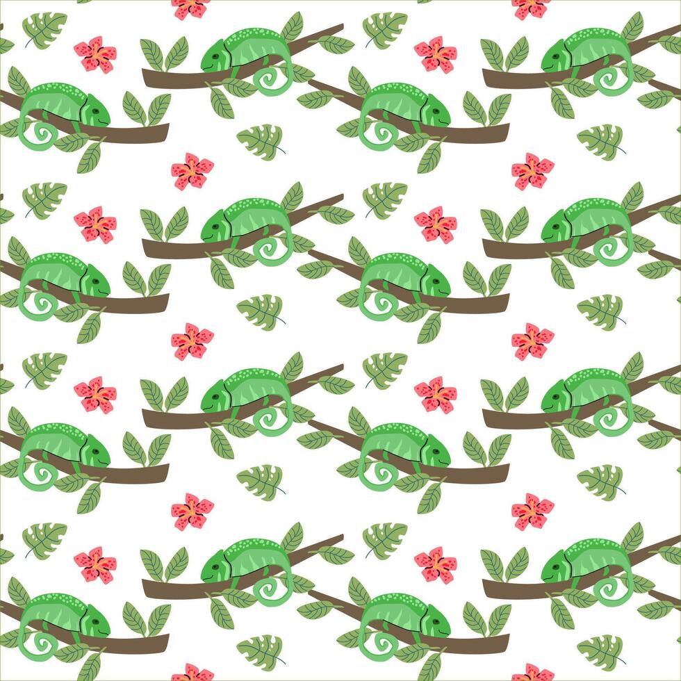 Tropical animal theme with chameleons and exotic flowers for textile and wallpaper design vector