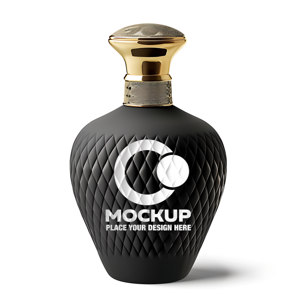 Textured black perfume bottle mockup with gold top and diamond quilted pattern on white background psd