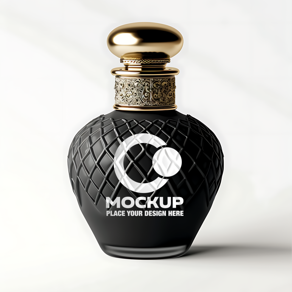 Elegant matte black perfume bottle mockup with ornate gold collar and glossy top on white background psd