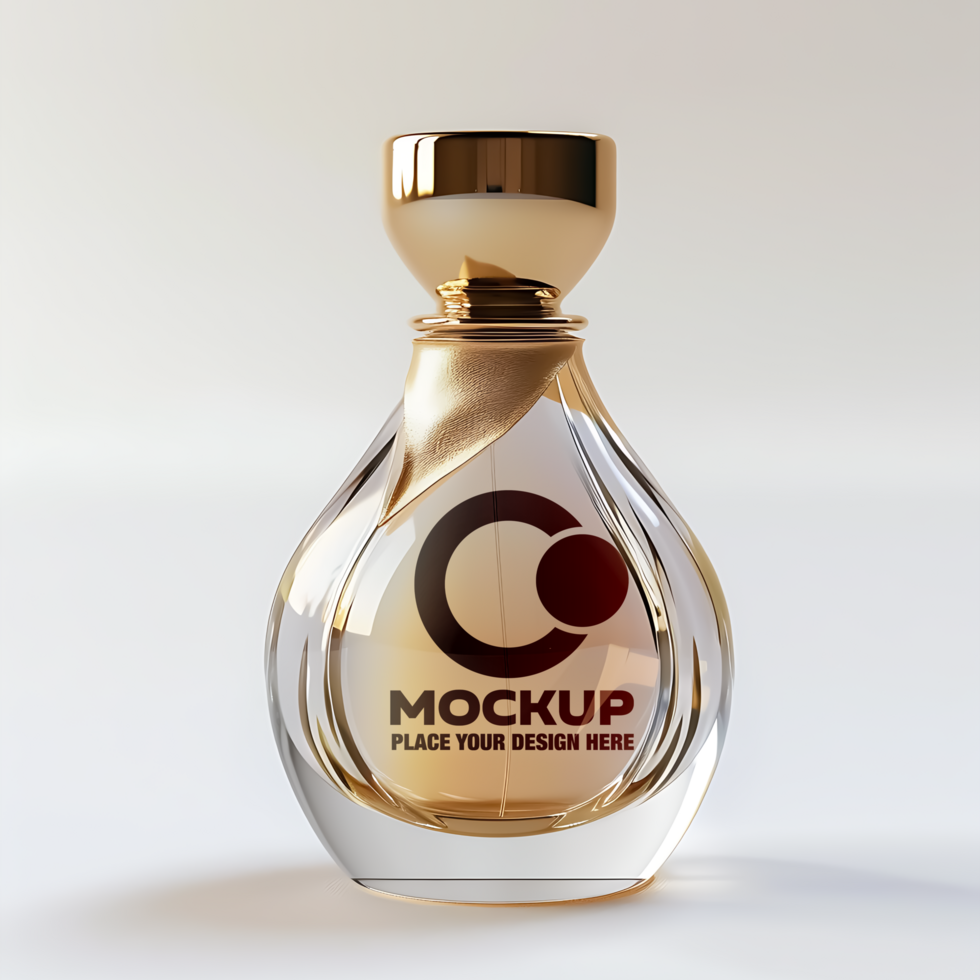 Transparent perfume bottle mockup with glossy gold collar and cap on white background psd