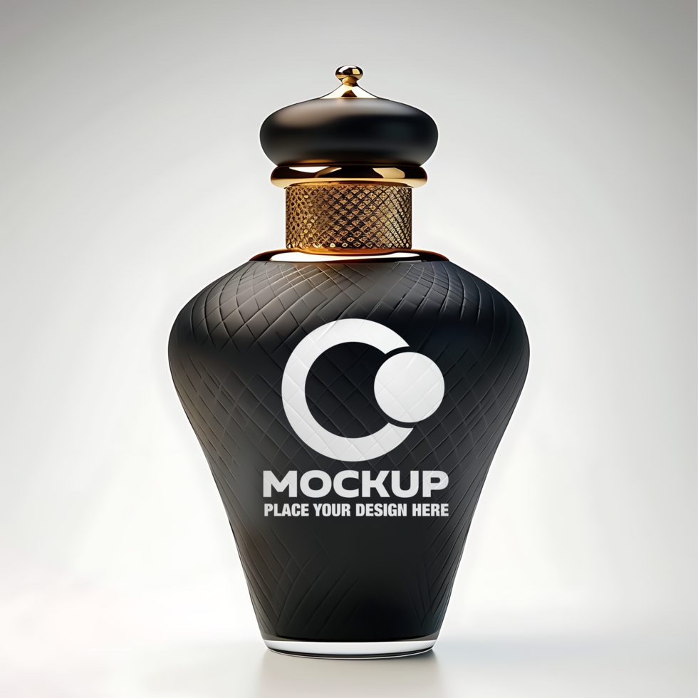 Matte black perfume bottle mockup with ribbed texture and golden top on white background psd