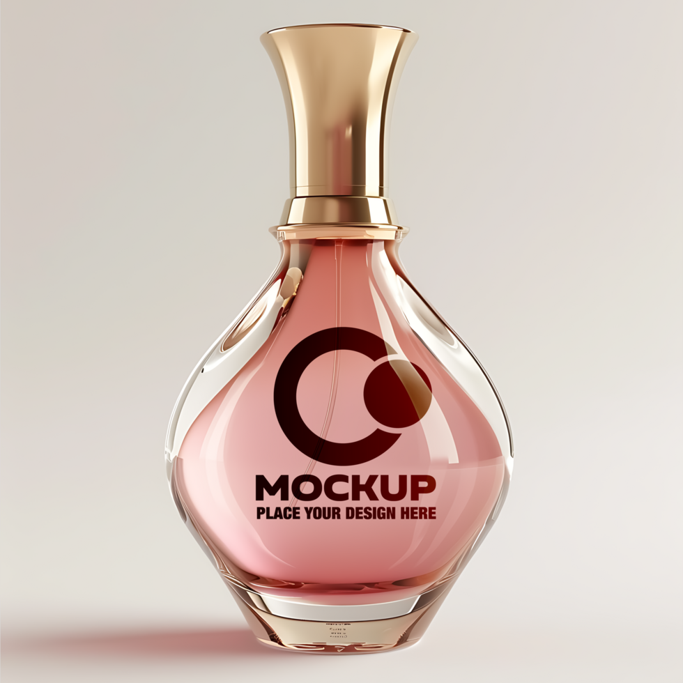 Luxury transparent perfume bottle mockup with rose gold cap on light gradient background psd