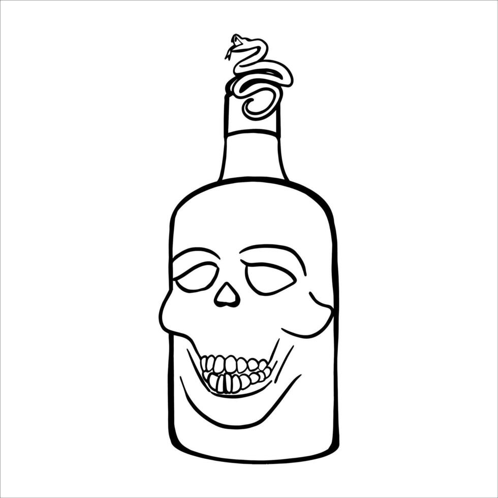 Bottle with drawing skull. A black and white line drawing bottle featuring a snake coiled around the cap. Hand-drawn illustration suitable for horror, Halloween, or gothic themes vector
