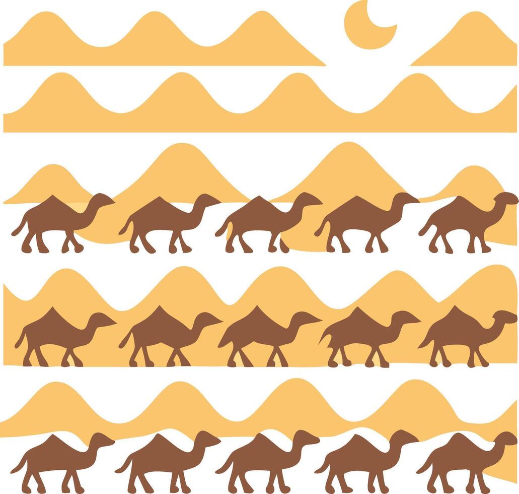 Fifteen brown camels in three rows in the desert with sand dunes and a moon in a minimalist style vector