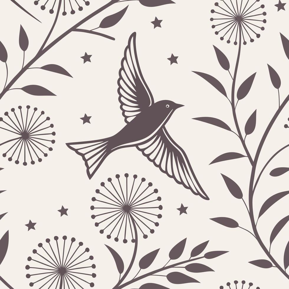 A bird flying between dandelions and branches with leaves, with some stars in the background vector
