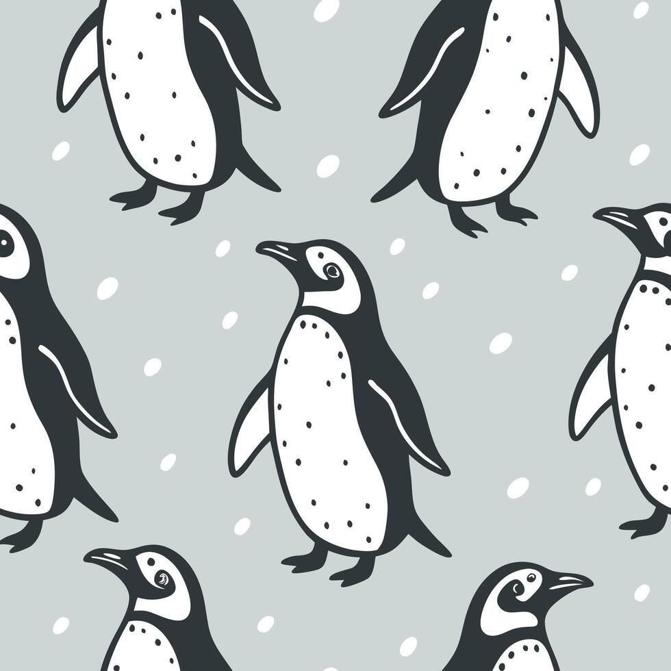 Seamless penguin pattern in flat , cute black and white icons with icy blue background vector