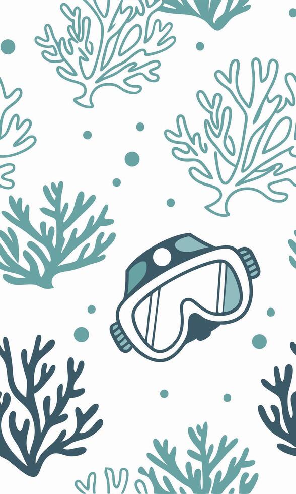 Seamless pattern with diving mask and corals on a white background, marine life, underwater world vector