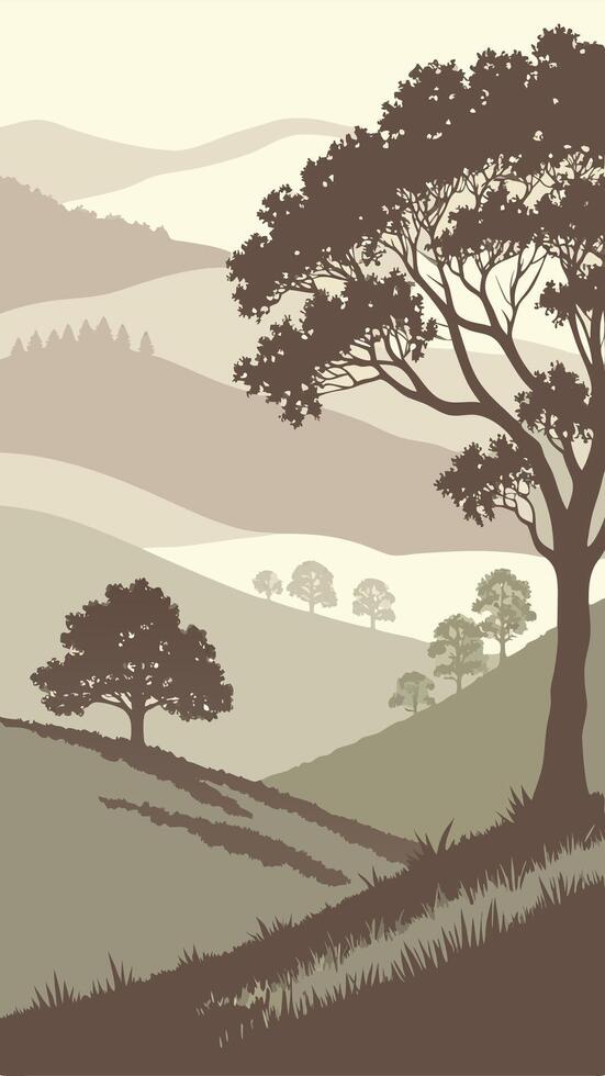 A landscape with rolling hills and trees in the foreground, with a muted color palette of browns, greens, and creams, with a foggy background vector