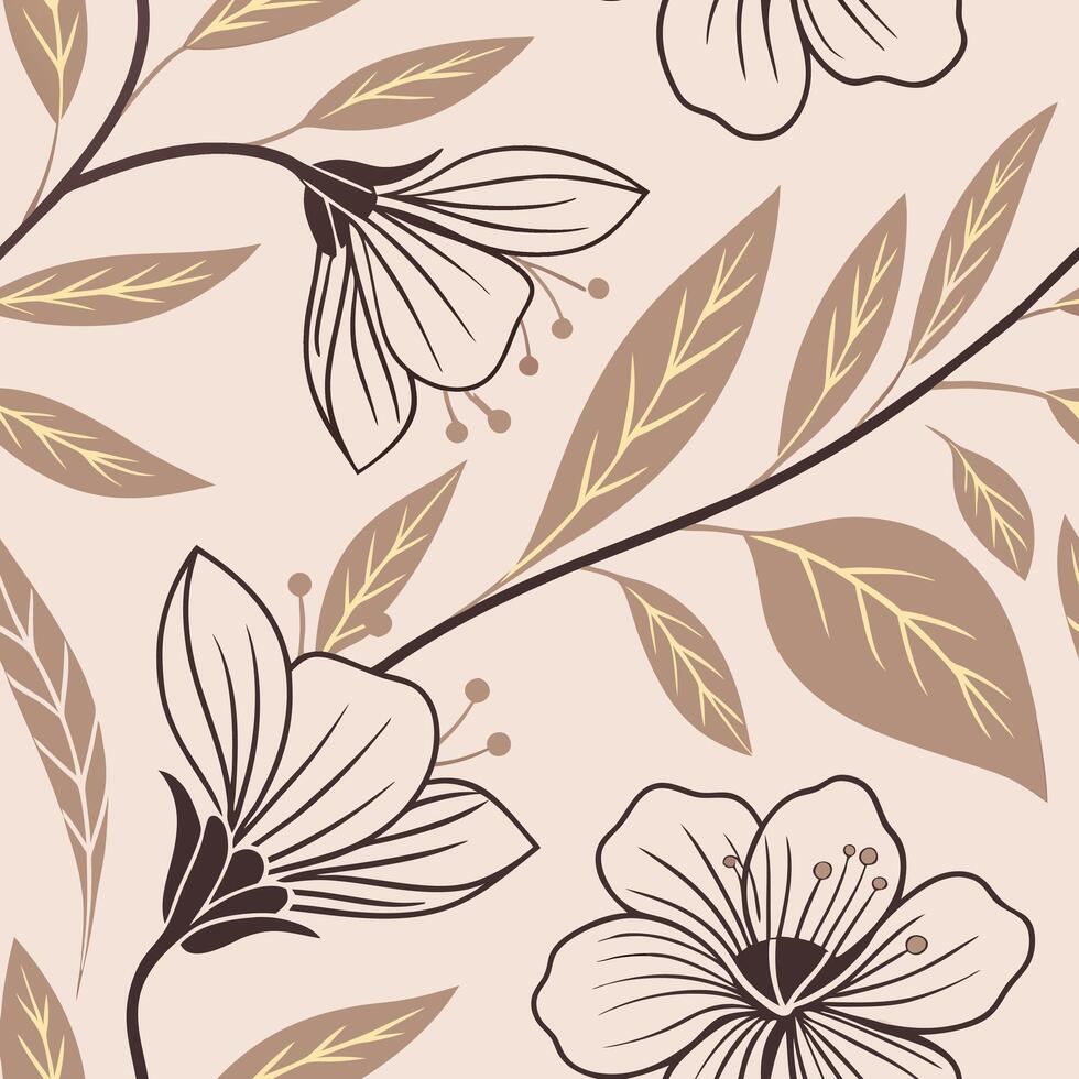 Seamless pattern of flowers and leaves in brown and beige tones, with a light pink background vector