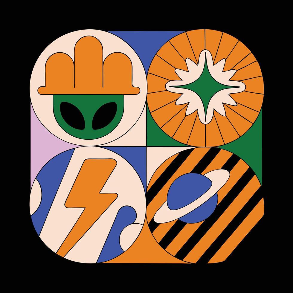 Alien with a construction helmet, a star, a lightning and a planet in a square with different colors vector