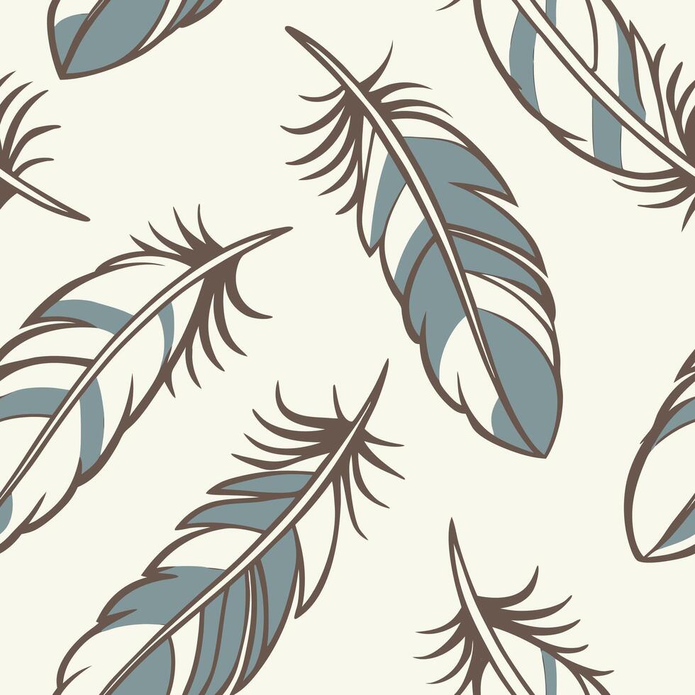 Whimsical feather pattern in , boho style in soft blues and browns, elegant hand-drawn aesthetic vector
