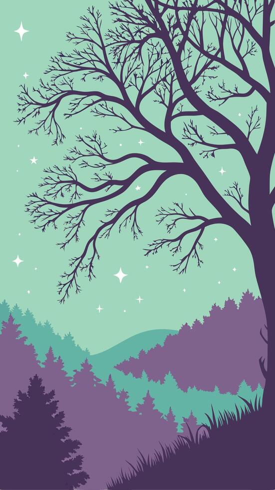 Silhouette of a leafless tree with bare branches against a light green sky filled with stars, a forest of pine trees in the background vector