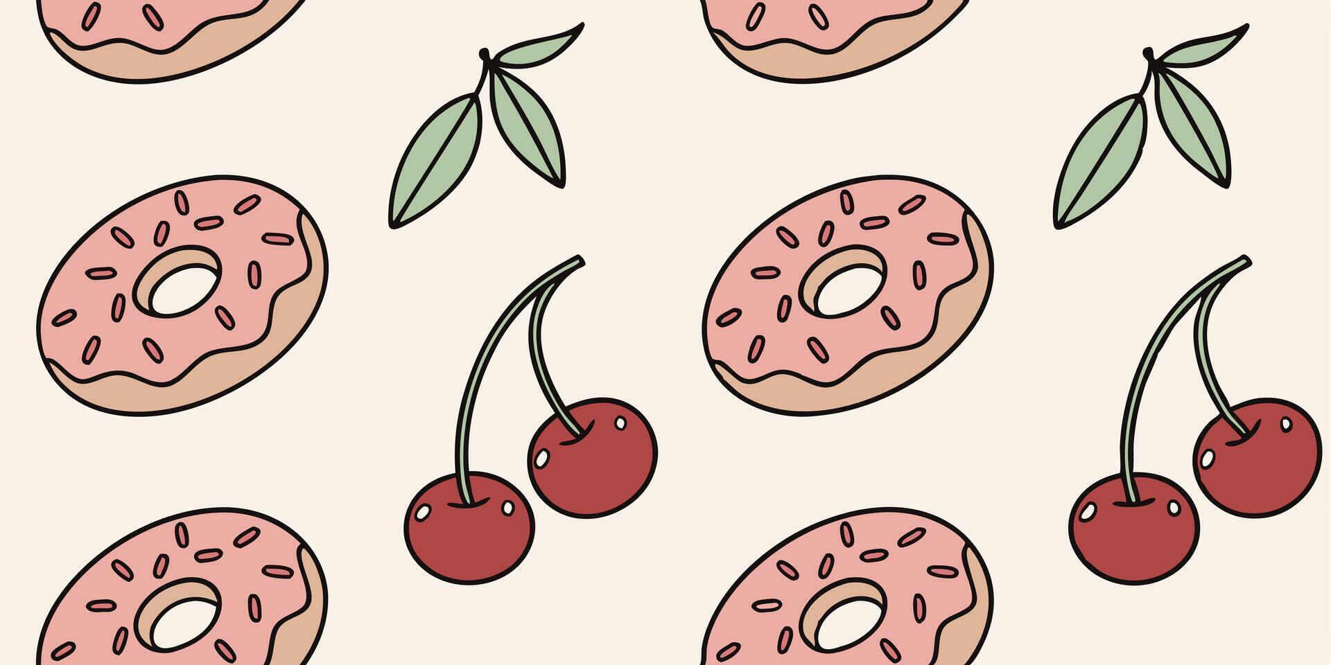 Seamless pattern with donuts with pink icing, cherries and leaves on a beige background, cute, simple, cartoon style vector