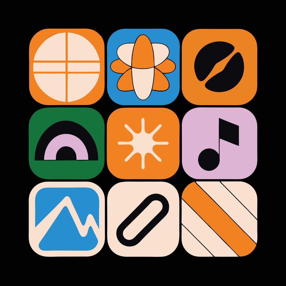 Grid of flat app icons, colorful squares with simple symbols, clean and modern style vector