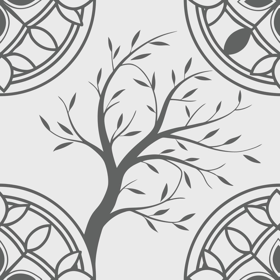 A gray tree with thin branches and small leaves, surrounded by four circular patterns vector
