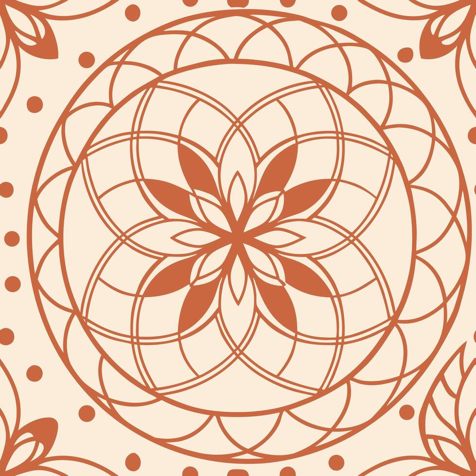 A symmetrical floral pattern with geometric shapes, terracotta color on a light beige background vector