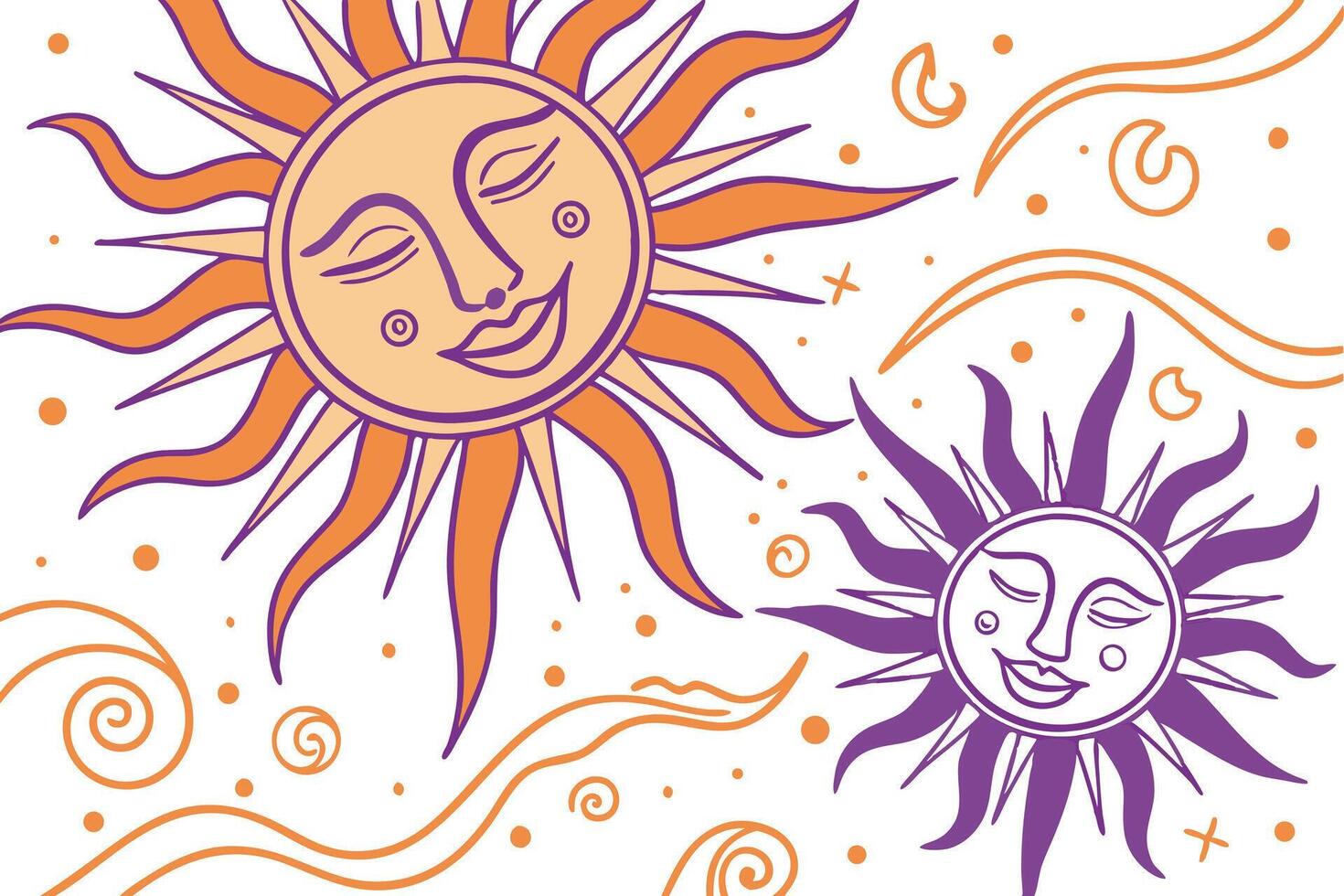 Two suns with faces, one orange and one purple, with stars and moons on a white background vector
