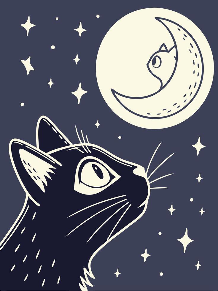 cat face and moon icons, mystical feline night background vector