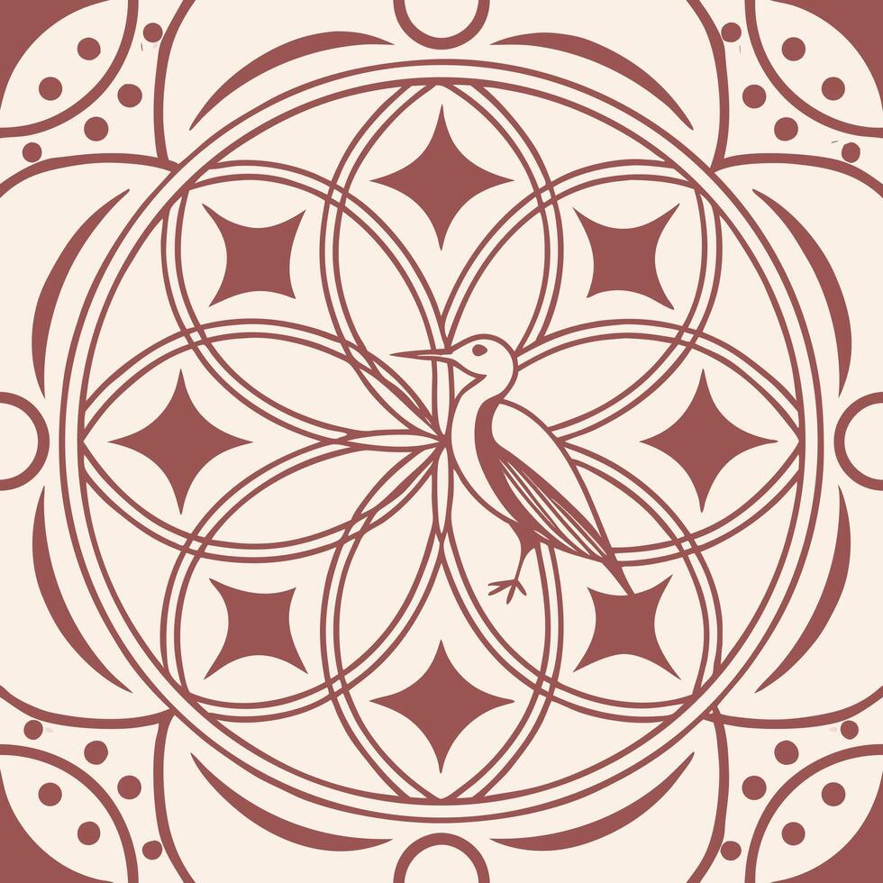 A bird in the center of a geometric pattern with circles and diamonds, symmetrical design vector