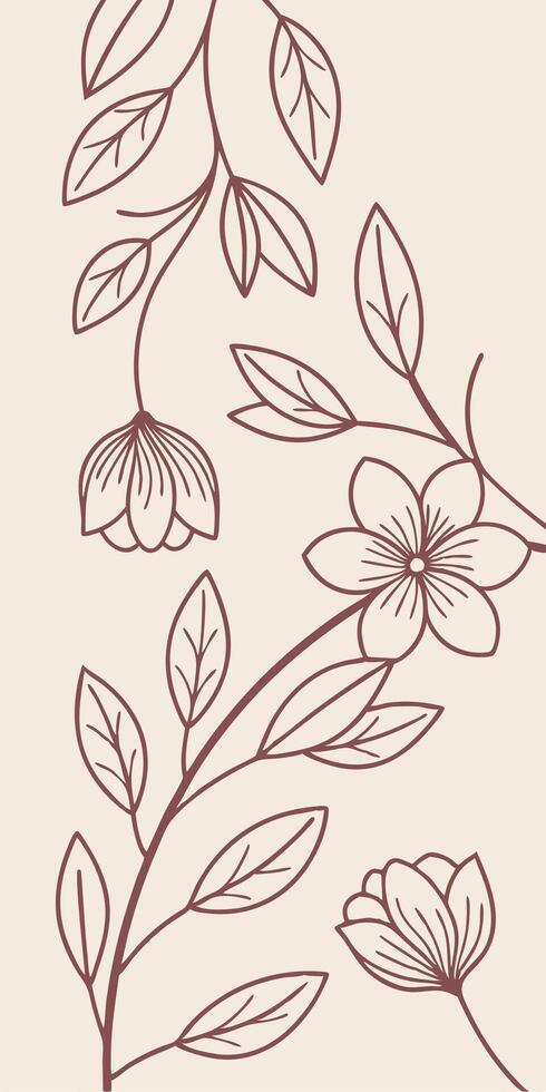 Minimalist brown floral lines on a beige background. vector