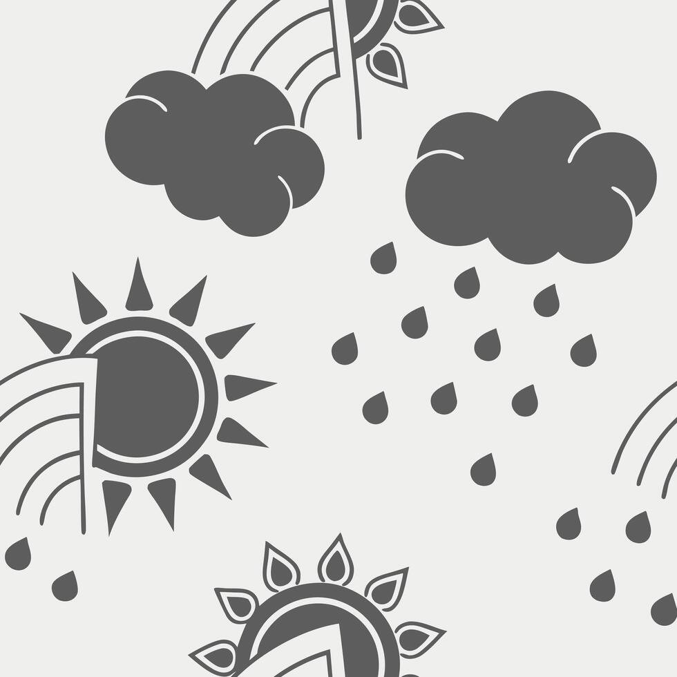 Minimalist weather icons pattern, sun, clouds, rain in monochrome on soft gray vector