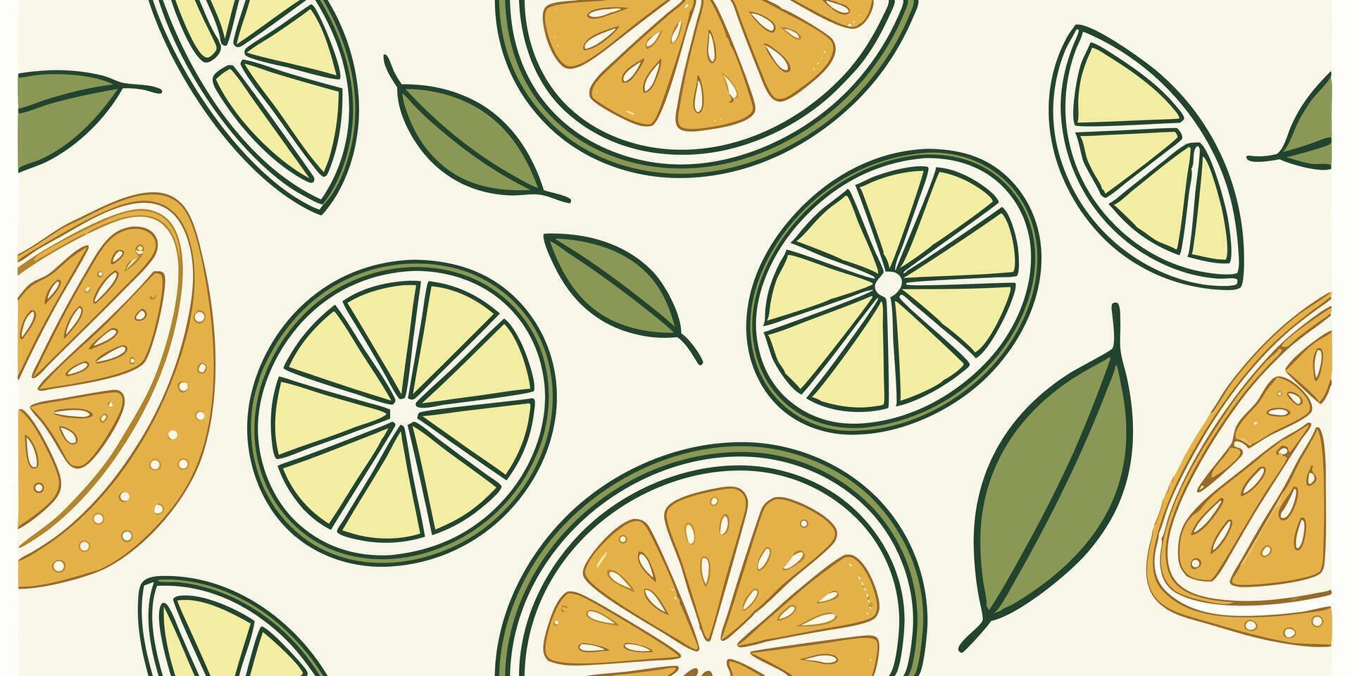 Seamless pattern of lemon and orange slices with green leaves on a white background vector