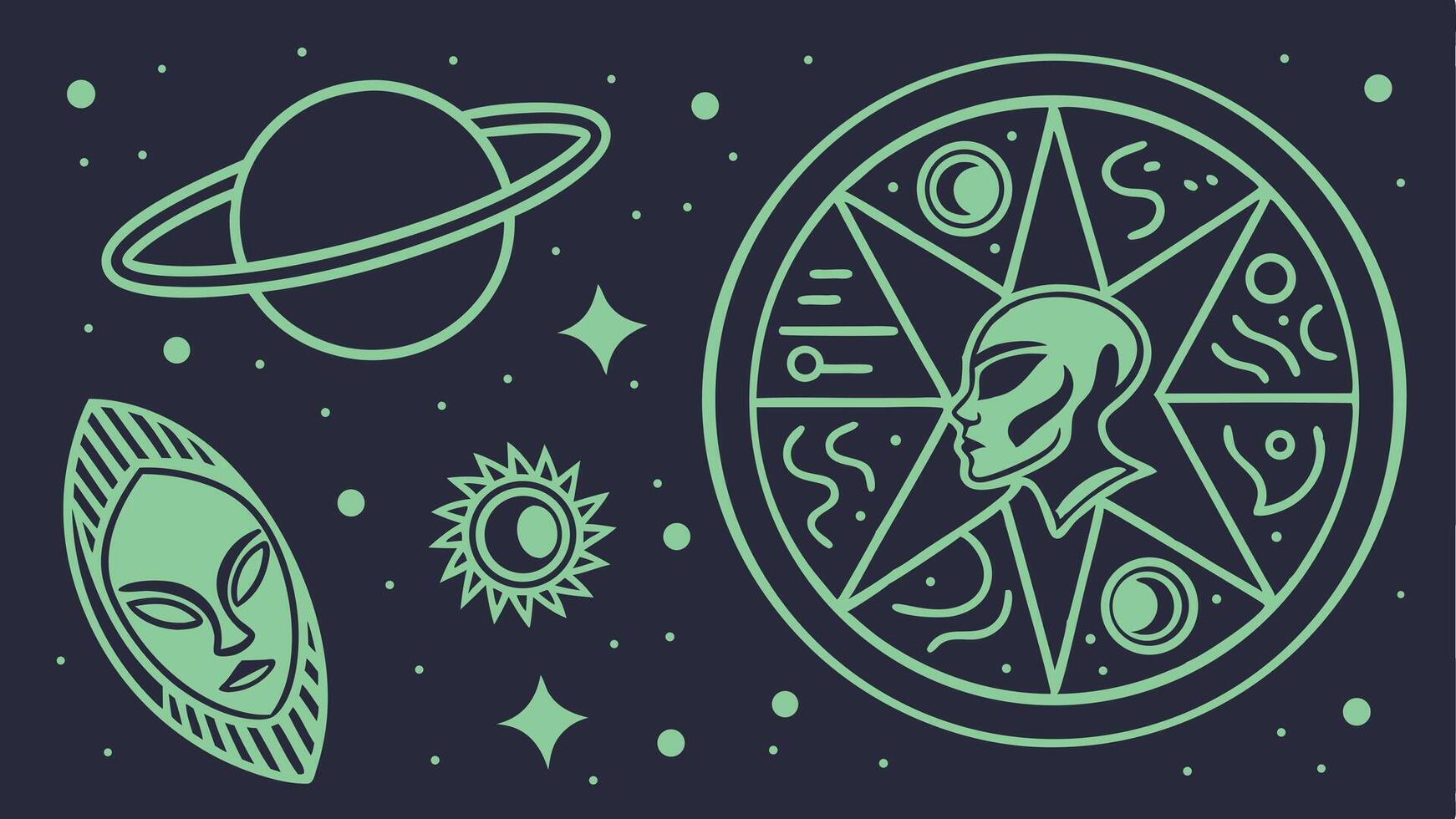 Alien glyph abstract symbols in , neon green icons on deep space background vector
