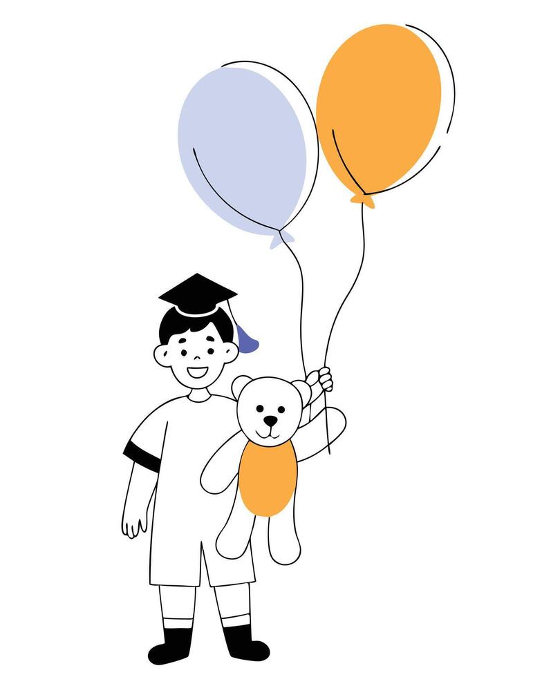 Children s Day and Graduation,Happy child with balloons and teddy bear, Children s Day, cartoon-style, isolated on white background vector