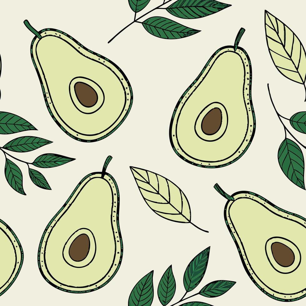 Repeating avocado icon pattern in flat design, bright green and brown on light cream background vector