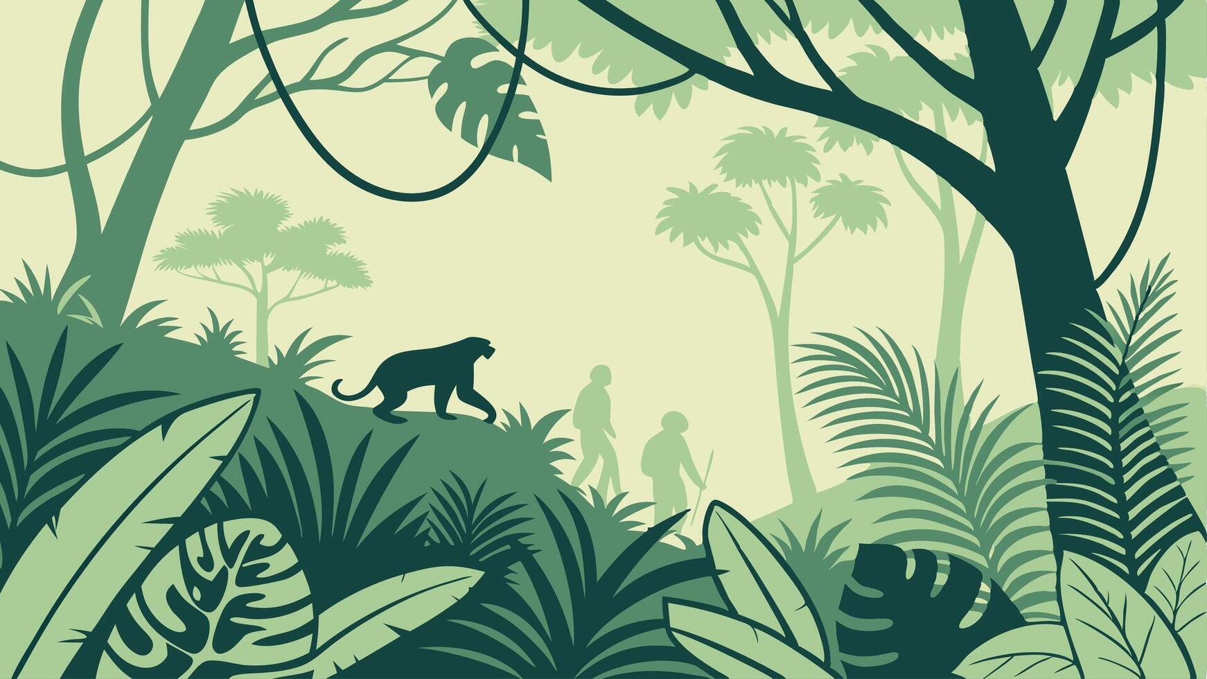 Two people walking in the jungle with a panther, surrounded by tropical vegetation vector