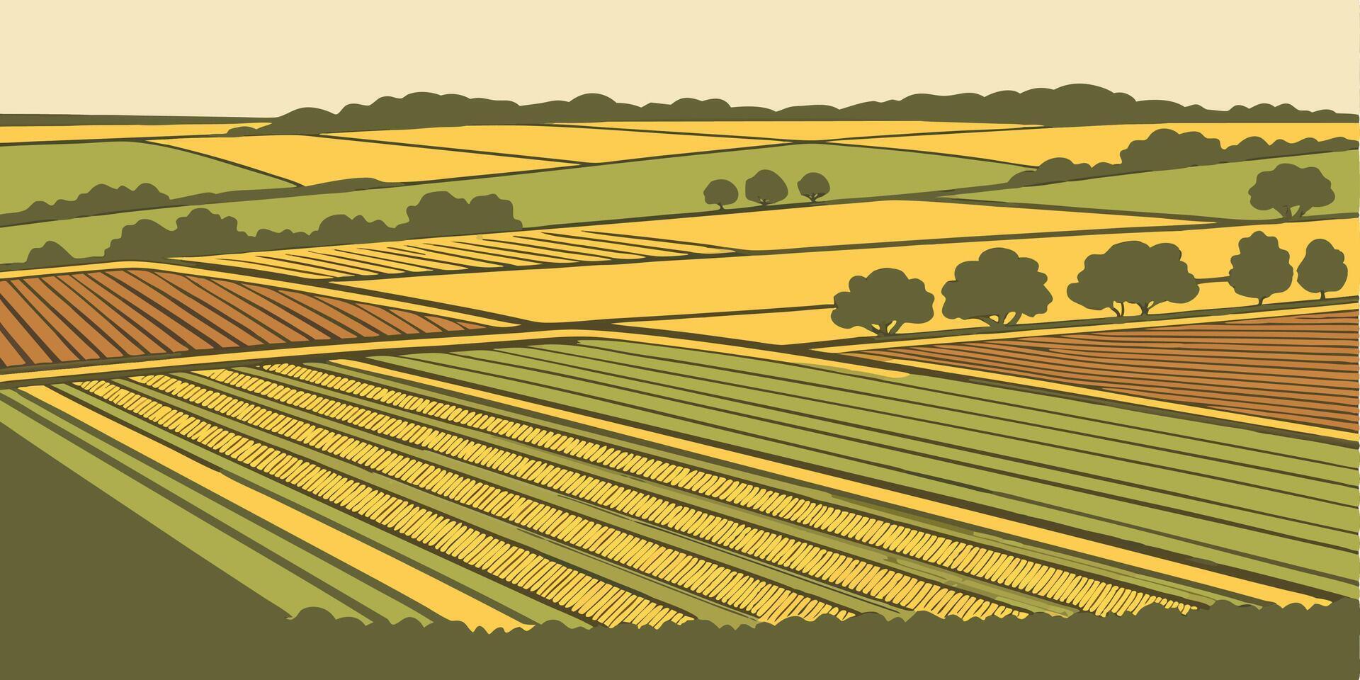 Aerial view of a countryside landscape with fields of crops in different colors, trees scattered around, and a forest in the background vector