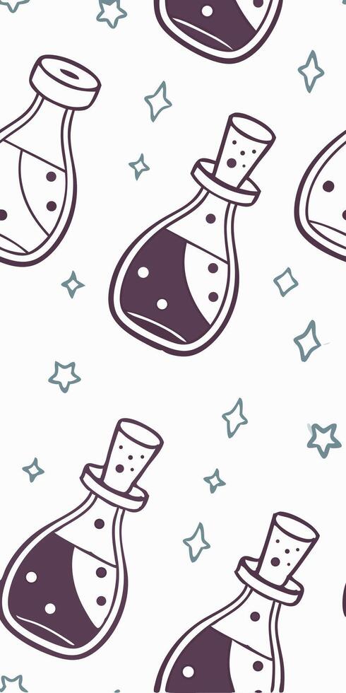 Seamless pattern of potion bottles with corks and stars, the bottles are filled with purple liquid, on a white background vector
