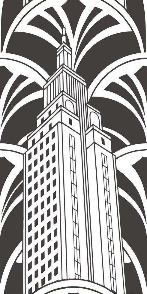 A black and white art deco skyscraper with a geometric pattern in the background vector