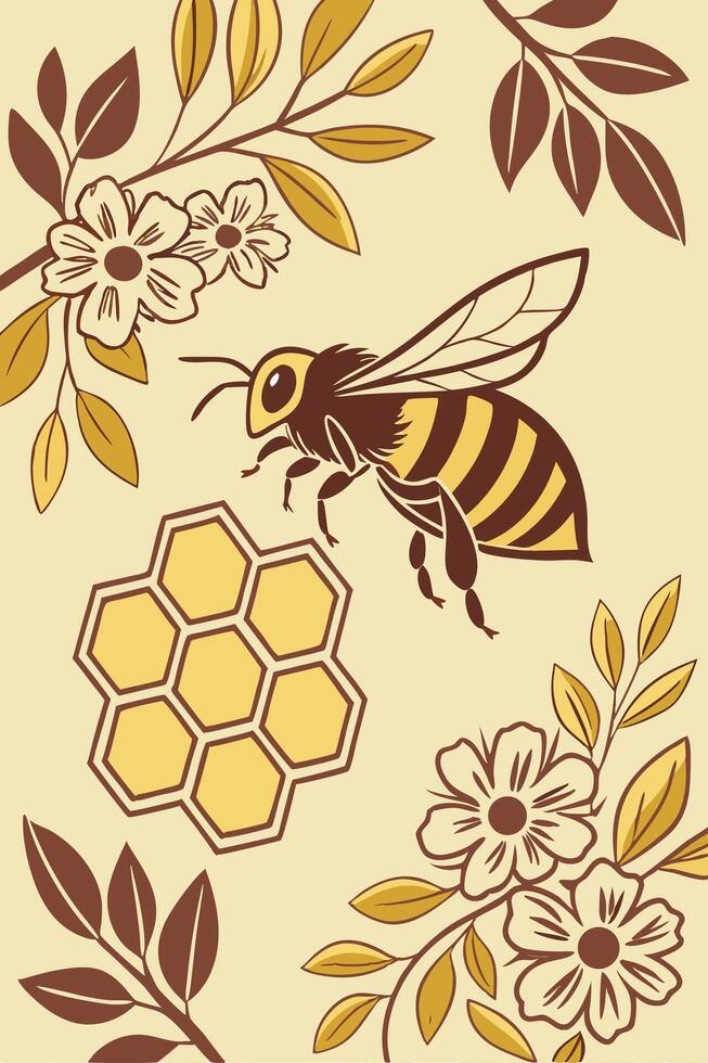 A bee with black and yellow stripes flying near a honeycomb and flowers with leaves on a light yellow background vector