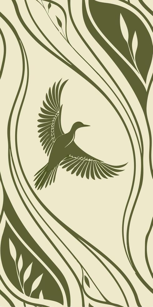 A flying duck with open wings, surrounded by curved lines, in a beige background vector
